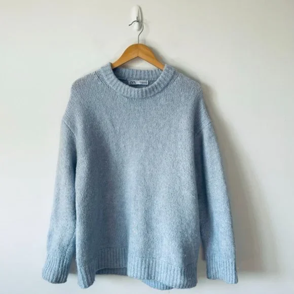 Zara Soft Feel Knit Sweater Crewneck Wool Alpaca Blend Pullover Light Blue Sz M - Picture 2 of 7